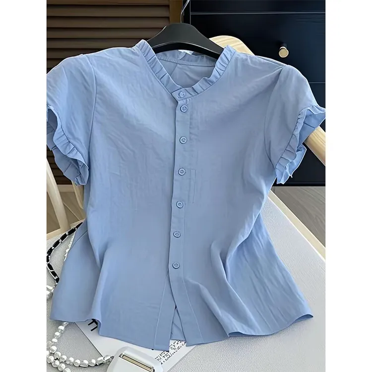 今年流行爆款多巴胺蓝色短袖衬衫2025夏季新款洋气小衫洋气上衣女