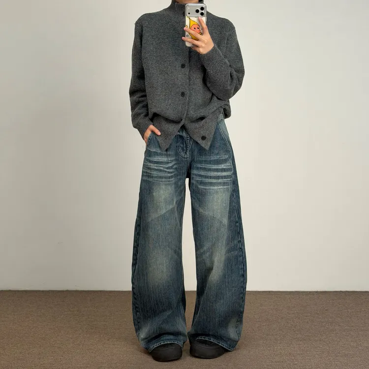JADE QILIN 美式复古弯刀宽松直筒斜扣子竹节纹阔腿裤做旧牛仔裤
