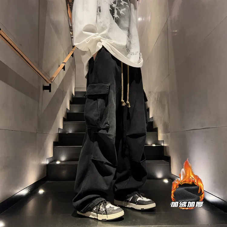 麻花抽绳牛仔裤男秋冬美式水洗阔腿裤工装裤直筒宽松休闲高街裤子