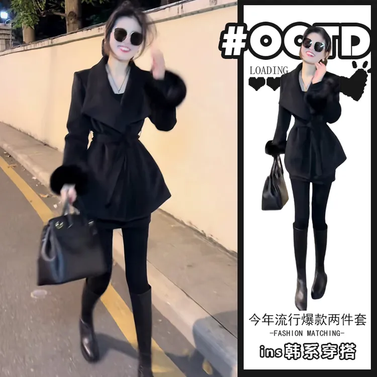 欧式高端大气两件套装潮2025冬季新款御姐轻熟风黑色外套高腰短裙