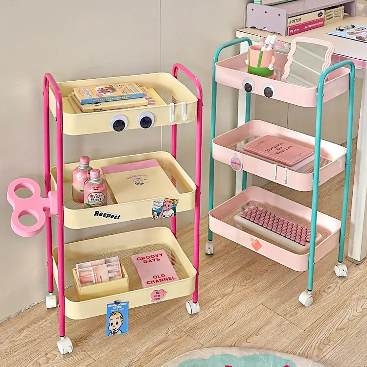 撞色小推车大容量落地零食收纳架子宿舍床边挂篮多层可移动置物架