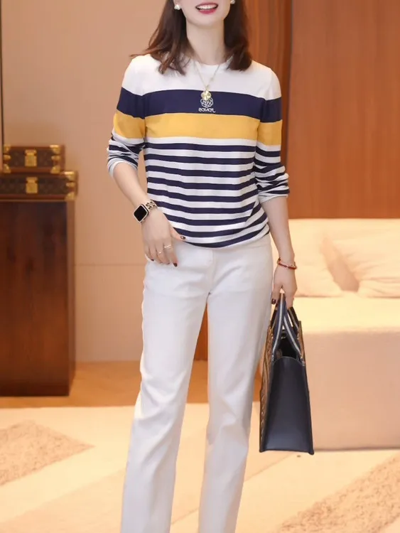 天丝+桑蚕丝气质减龄休闲百搭条纹针织衫女宽松显瘦长袖打底上衣