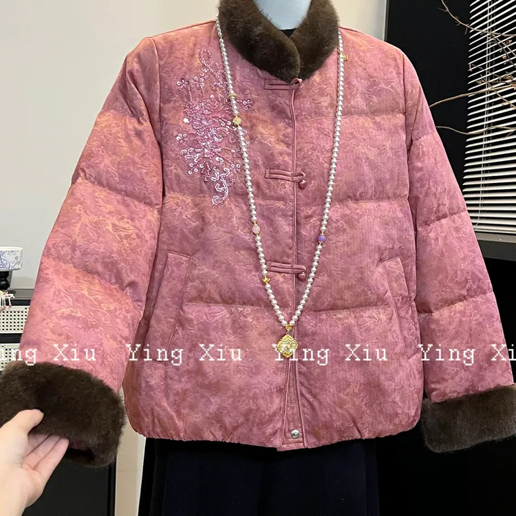 (祥盛)27款新中式国风刺绣白鸭绒保暖羽绒服民族风气质短款立领