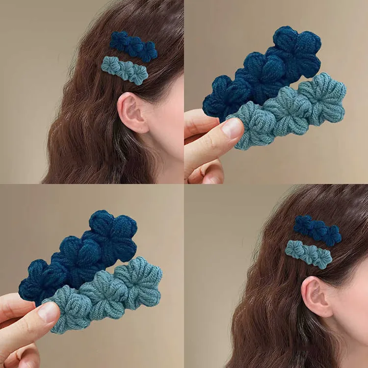 蓝色小香风花朵蝴蝶结发夹女甜美针织发卡韩系发饰刘海侧边鸭嘴夹