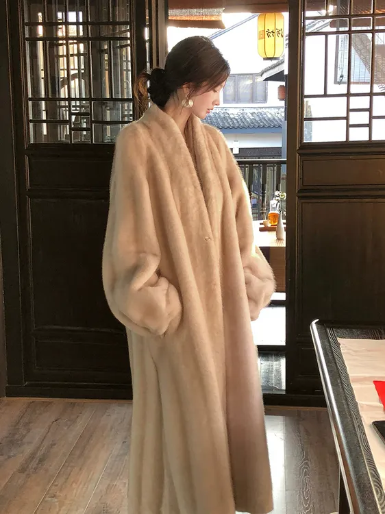 人造皮草 软糯仿貂毛外套女秋冬温柔V领复古气质轻奢优雅长款大衣