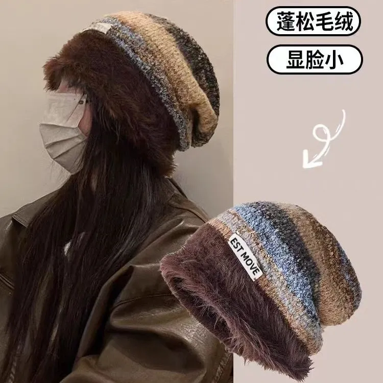 帽子秋冬女保暖美拉德堆堆帽毛绒复古针织帽大头围显脸小毛线冷帽