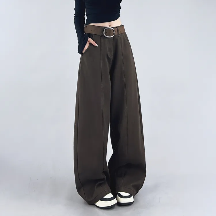 美拉德咖色阔腿弯刀牛仔裤女2025冬季新款加绒裤子宽松显瘦镰刀裤