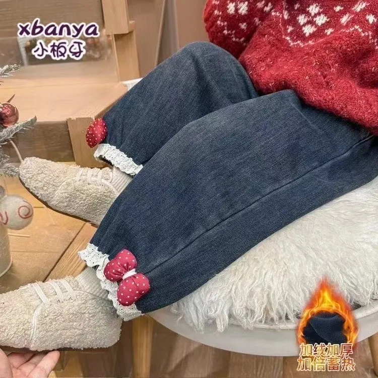 女童加绒牛仔裤秋冬季2025新款冬装女宝宝小童洋气冬款裤子儿童装