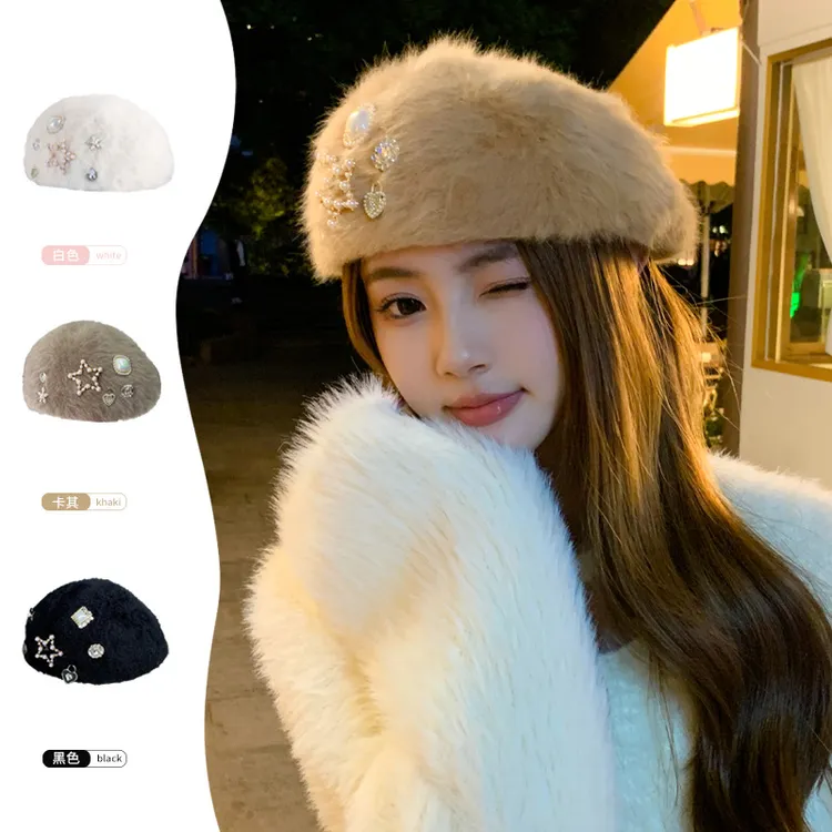 秋冬季甜美珍珠水钻兔毛前进帽女加绒保暖显脸小贝雷帽韩板画家帽