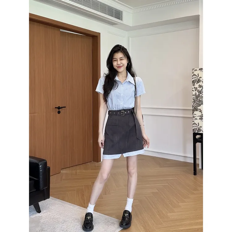 张阿星【海滨夏日】假两件拼接连衣裙条纹撞色收腰连衣裙W425Q09071