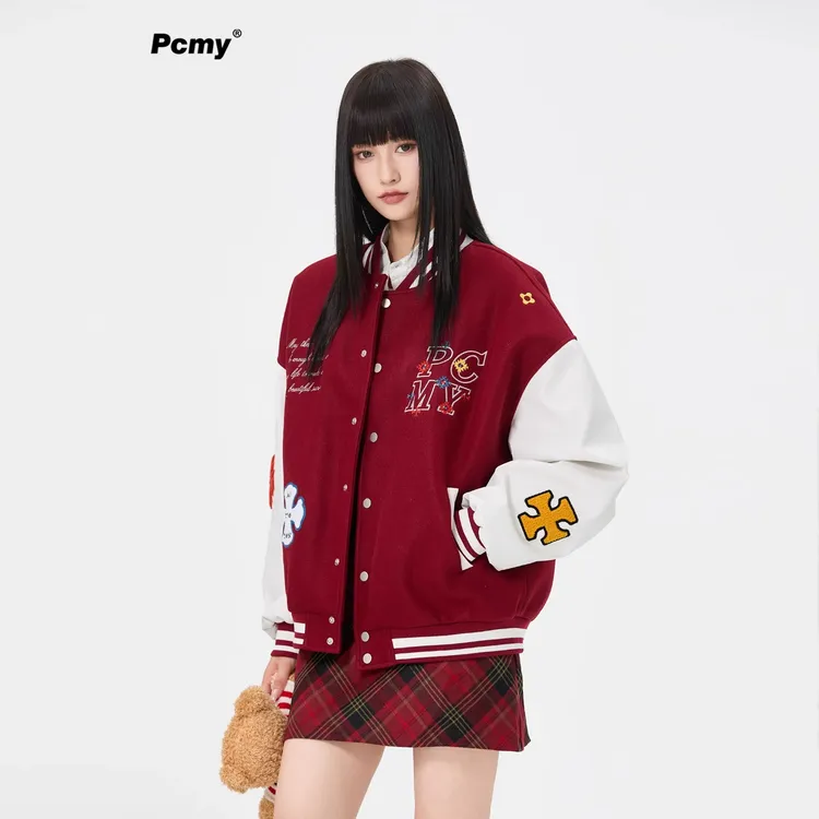 PCMY潮牌美式复古撞色字母刺绣拼接棒球服外套秋冬经典情侣装夹克