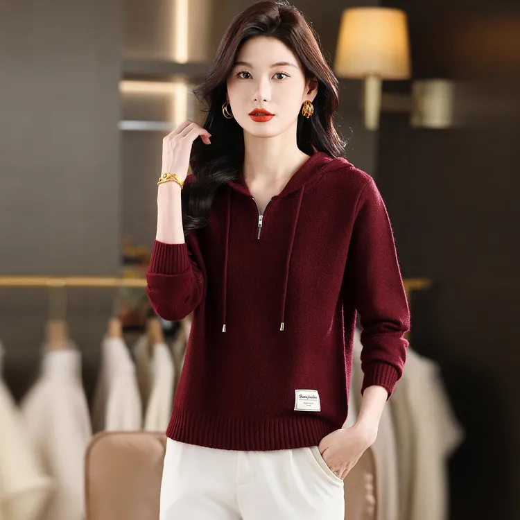 酒红色连帽毛衣女士2025新款秋冬女装大码宽松打底衫休闲针织卫衣