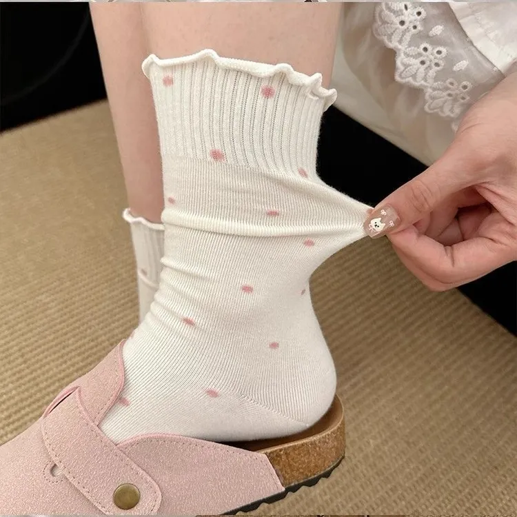 袜子日系简约纯色波点中筒袜女吸湿排汗时尚搭配显瘦春夏秋冬长袜