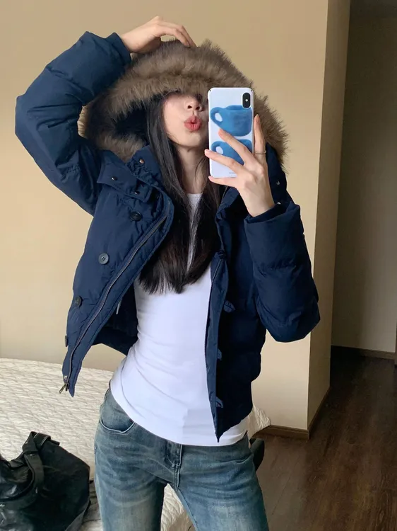 冬季百搭藏青色连帽毛领短款棉衣棉袄女2025新款保暖加厚棉服外套