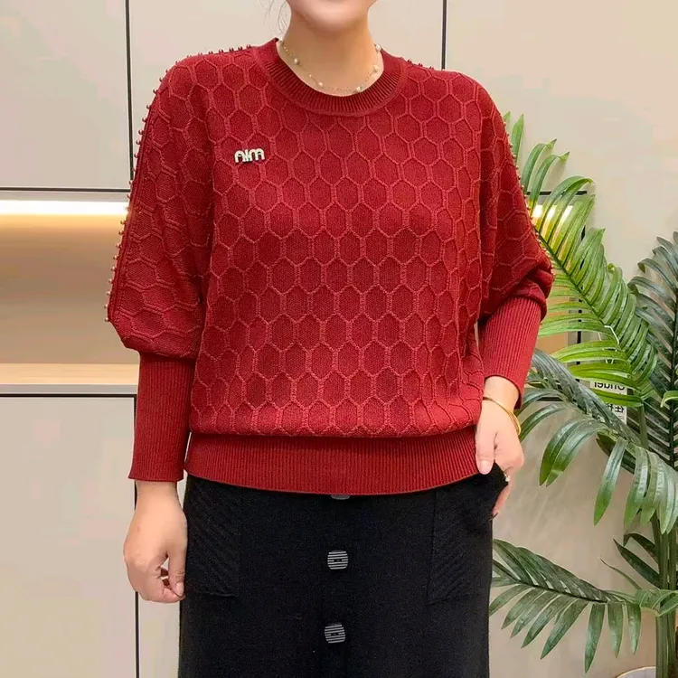 秋冬新款时尚珠子袖子针织衫高弹多色套头休闲百搭款女士毛衣女装