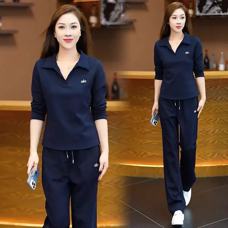 休闲运动服套装女2025秋季新款洋气显瘦长袖翻领上衣阔腿裤两件套