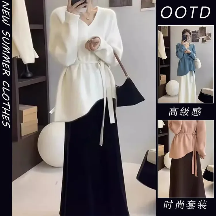 早秋搭配一整套2024新款胖mm韩版温柔系宽松针织毛衣半身裙两件套