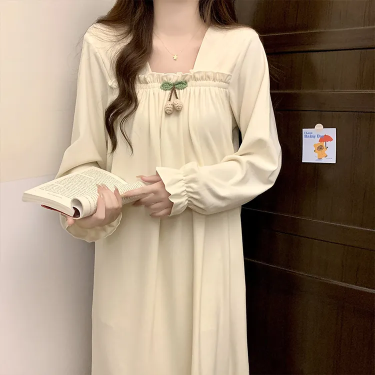 长袖睡裙女秋冬季加厚德绒2025新款小性感杏色宫廷风大码孕妇睡衣