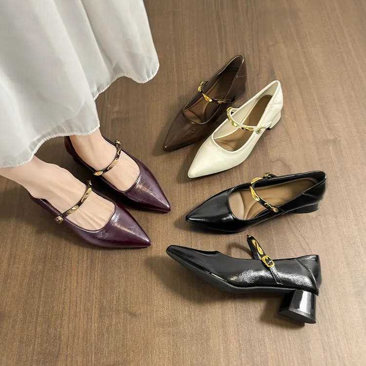 小金条秋季新款气质百搭玛丽珍鞋粗跟尖头温柔浅口软底防滑单鞋女