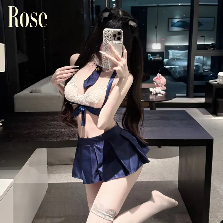 晚瑰·Rose 藏青百褶裙 纯欲女可爱jk超短裙蕾丝文胸制服套装