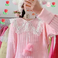 秋冬新款女上衣韩版学生百搭球球蝴蝶结蕾丝衫打底衫