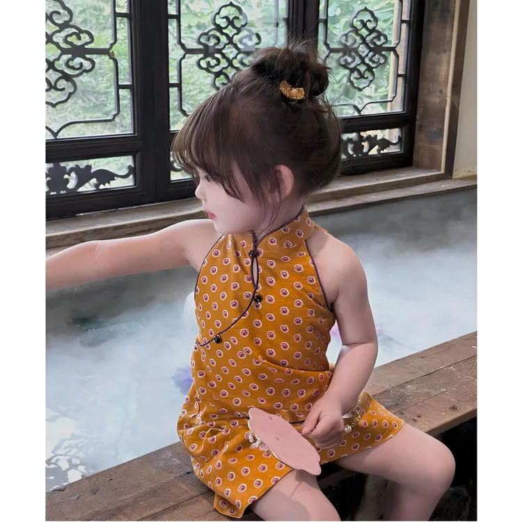 小惜亦女童2025夏季新款新中式盘扣改良复古旗袍裙国风橘色连衣裙