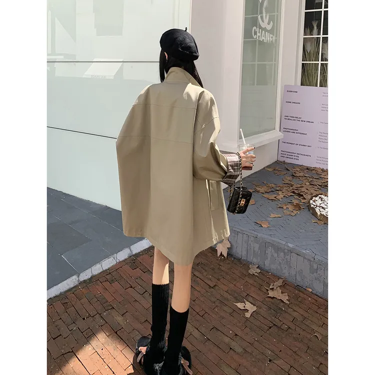 早秋必备撞色中长款风衣女外套2025女新款廓形显瘦宽松英伦风大衣