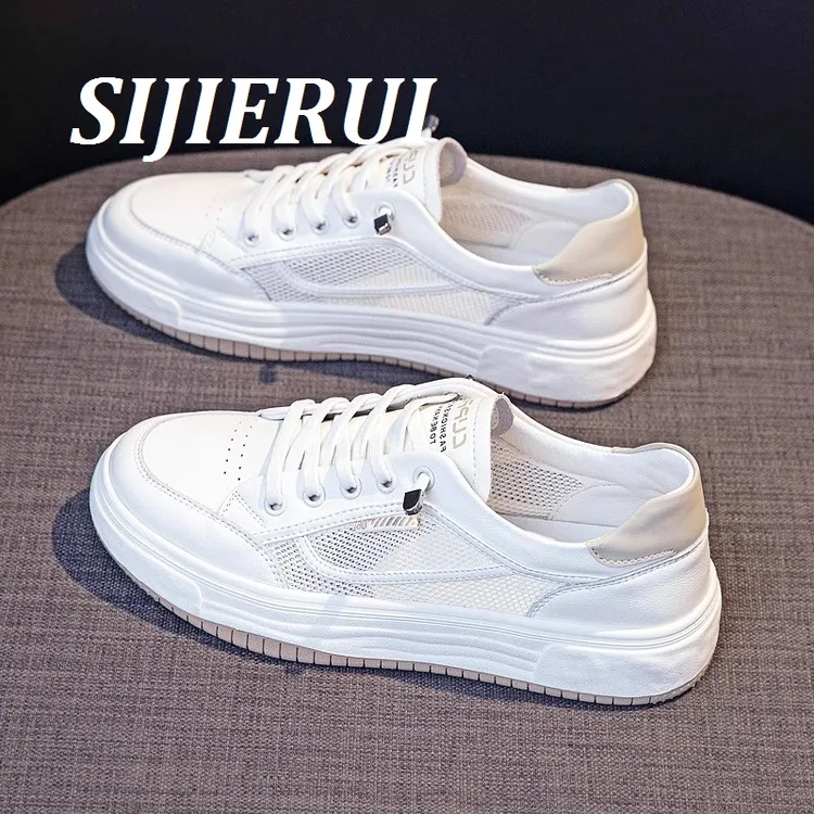 SIJIERUI韩版低帮小白鞋女2025夏季新款真皮镂空网面透气平底板鞋