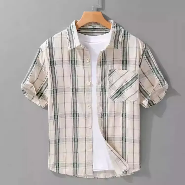 奥美普西比夏季日系格子短袖衬衫男百搭休闲上衣宽松透气纯棉衬衣