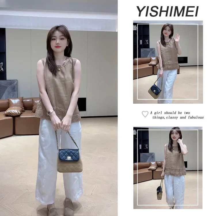 套装女2025年夏季新款爆款气质拼接花边无袖上衣休闲阔腿裤套装
