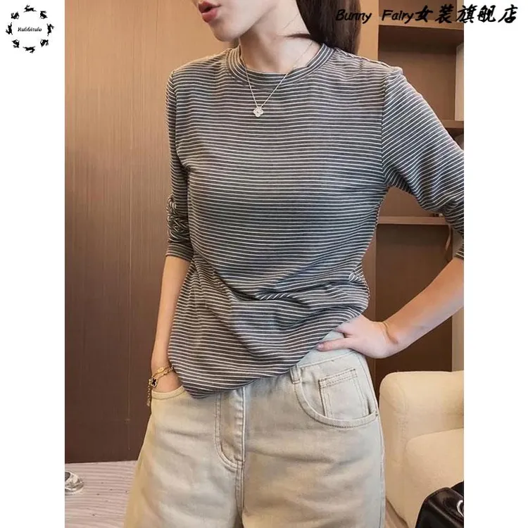 条纹正肩t恤女内搭长袖打底衫女2025新款秋季休闲显瘦百搭上衣女