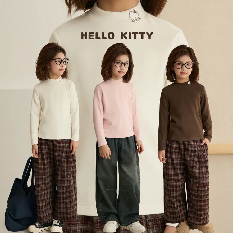 辰辰妈【温暖喵】儿童半高领kitty印花T恤秋装洋气女童上衣8611XH