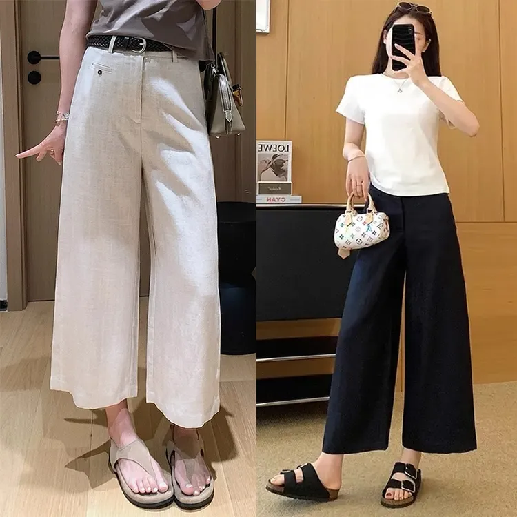 老钱风天丝亚麻九分休闲裤夏季新款梨形身材高腰显瘦宽松阔腿裤