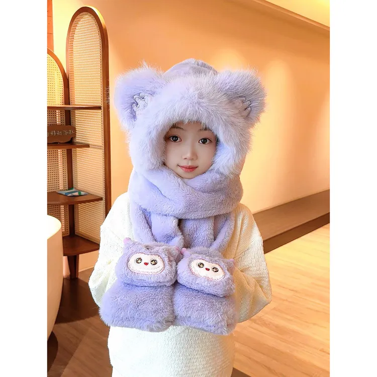 儿童冬季男女童加厚加绒防风保暖毛绒护耳帽围巾手套一体帽