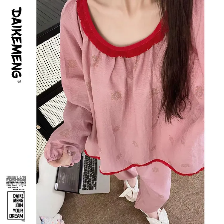 新国风红石榴复古风睡衣春秋款花边领甜美扎染长袖长裤家居服套装