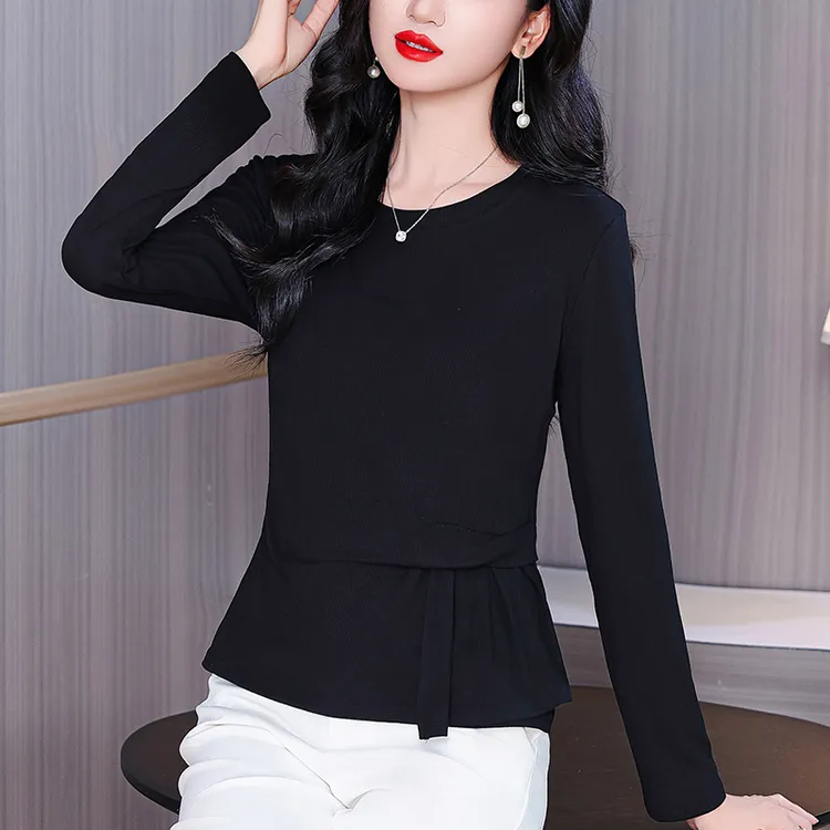 2025初秋莫代尔新款不规则设计感T恤黑色圆领百搭时尚打底衫