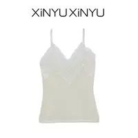 XINYU/芯与『暖宝』100山羊绒蕾丝V领背心 461009 女背心 打底 拼接