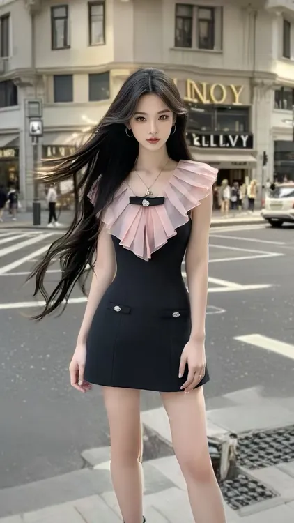 2025夏季新款黑色别致设计感V领收腰显瘦连衣裙女小众高级感穿搭