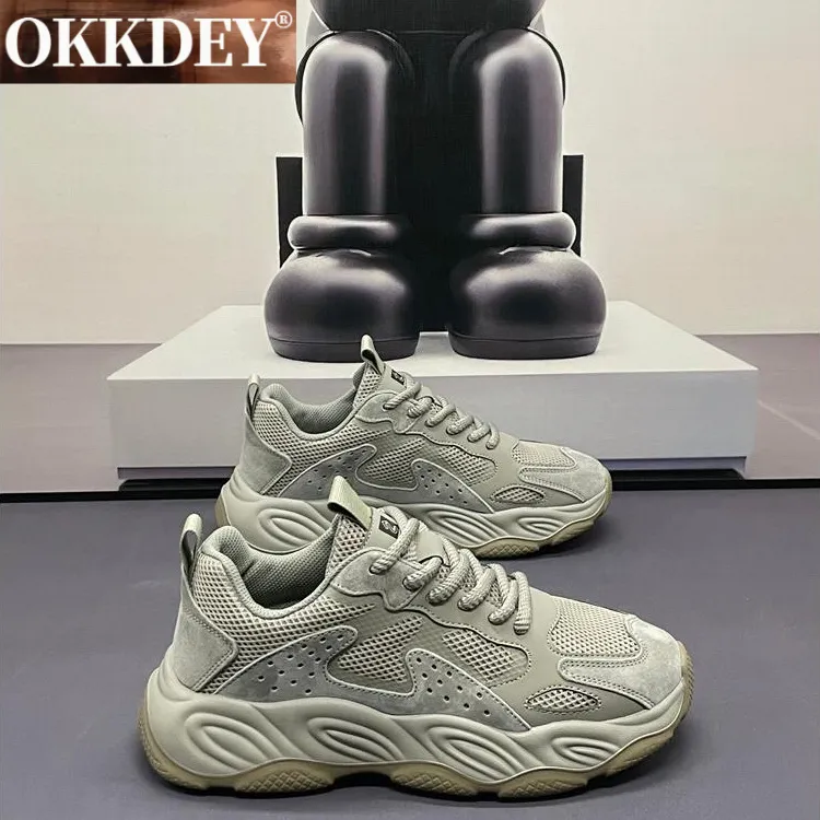 okkdey复古厚底老爹鞋男士健步时尚休闲运动鞋男真皮透气百搭男鞋