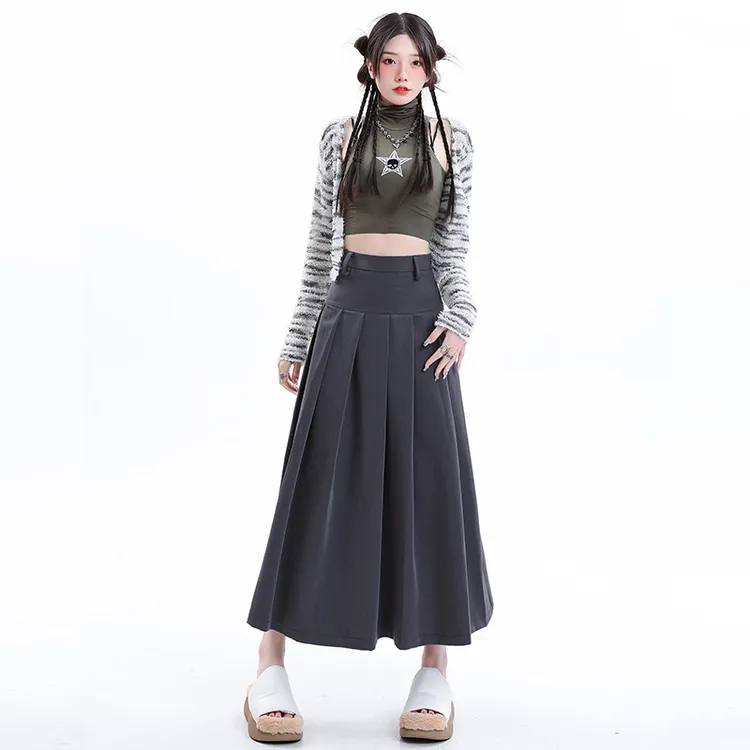 秋新款百褶学院风字裙女中长款简约显瘦黑色气质半身裙高腰