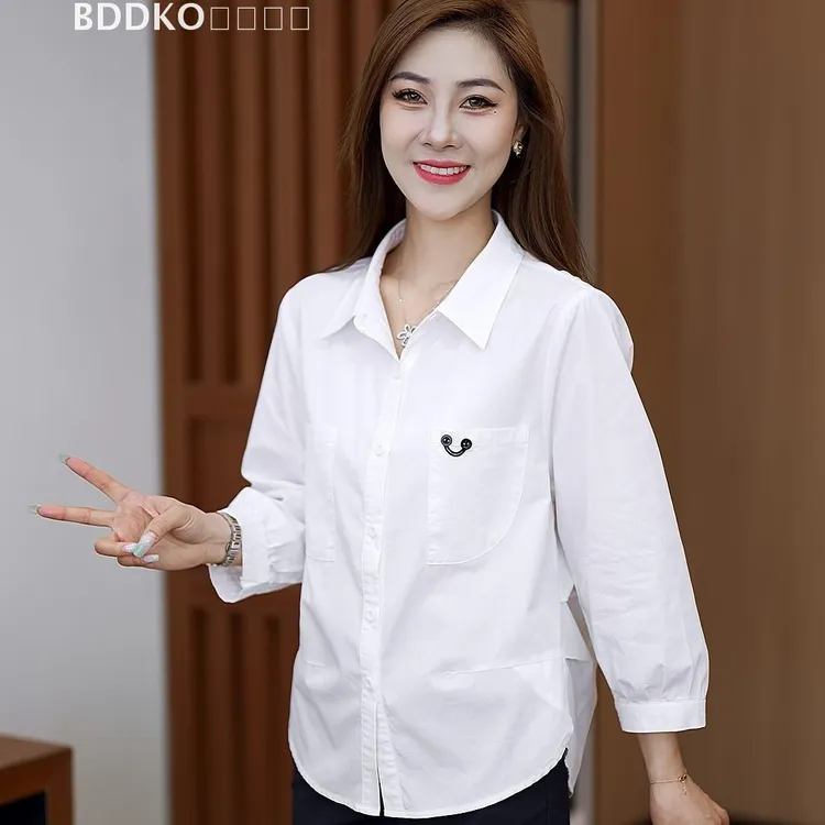 LACAH洗水衬衣2025新款时尚洋气宽松显瘦百搭八分袖设计感女士衬