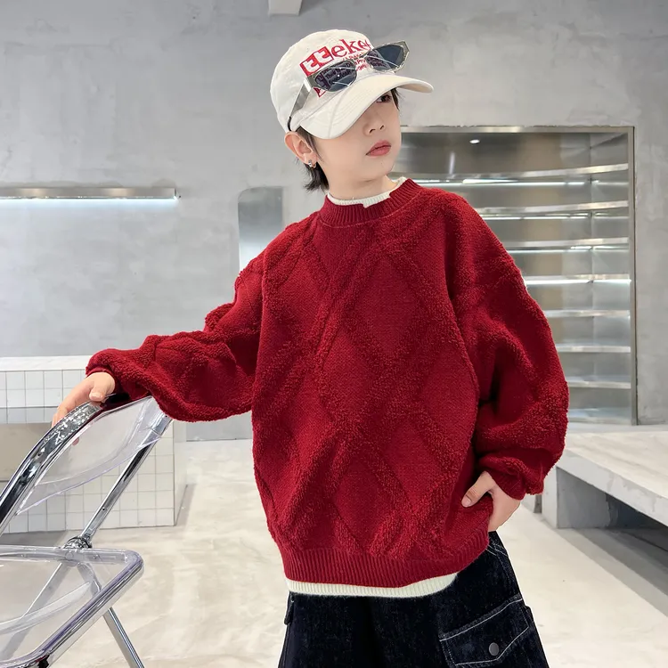 男童加厚红色毛衣冬季2026新款休闲中大童本命新年秋冬马年拜年服
