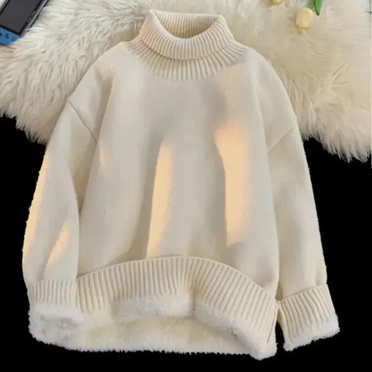 东北零下加绒加厚保暖抗寒高领毛衣男女冬季慵懒风纯色羊羔绒卫衣