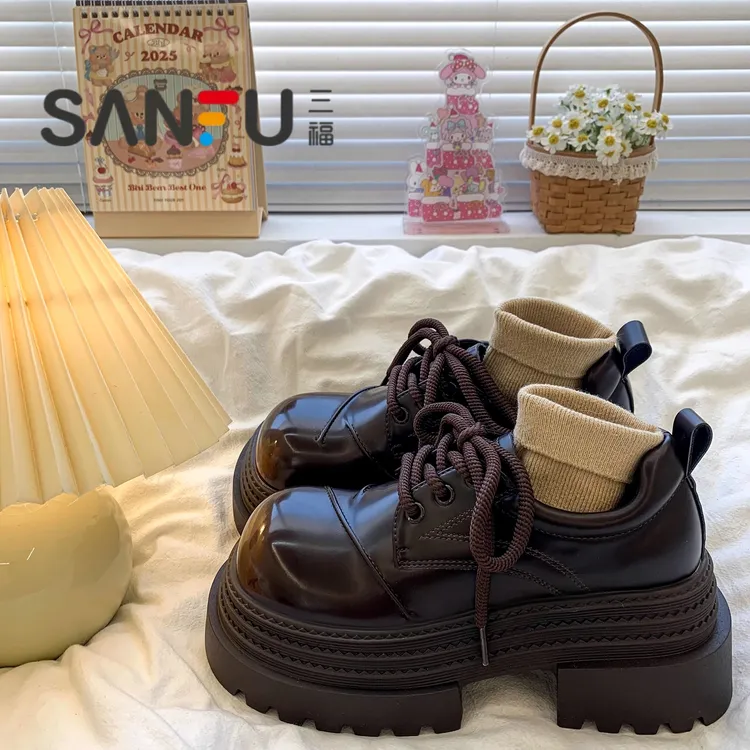 三福厚底增高小皮鞋女2025春秋新款时尚英伦风矮子乐系带乐福单鞋