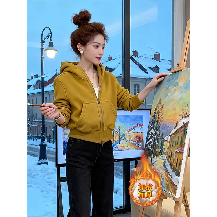 摇粒绒纯色加绒加厚连帽卫衣女冬季2025新款慵懒百搭小众拉链外套