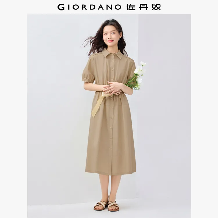 佐丹奴纯棉府绸连衣裙女夏新款气质打揽收腰翻领连衣裙 13465337