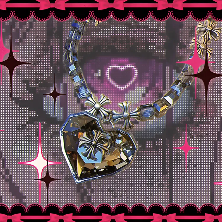 不锈钢仿水晶项链 朋克嘻哈串珠颈链黑色爱心锆石高级感小众A0077