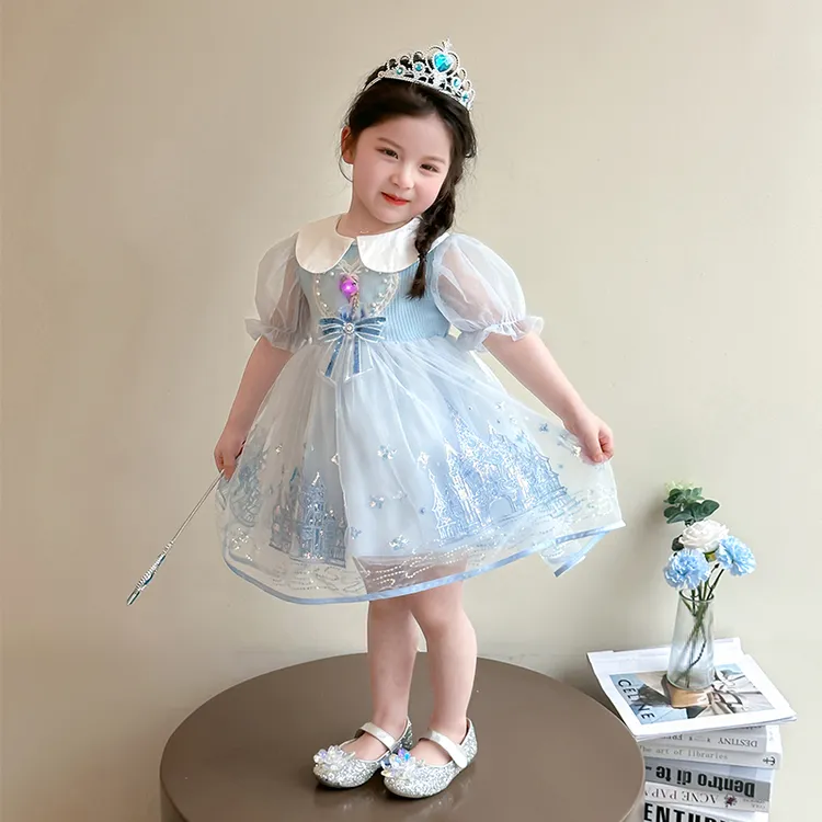 女童夏季艾莎公主裙儿童洋气短袖连衣裙2025新款宝宝礼服爱莎裙子