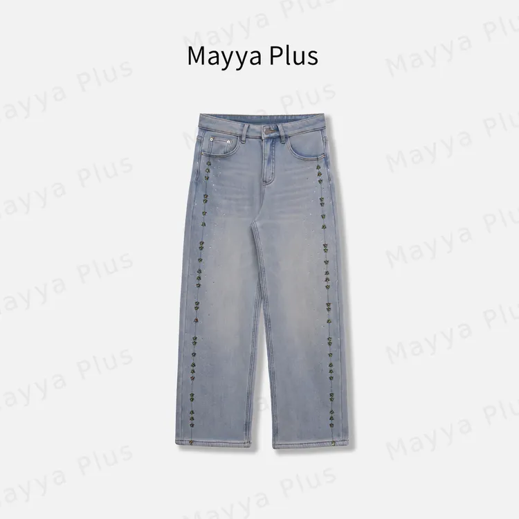 【花钻牛仔】Mayya Plus麦芽定制重工刺绣加绒阔腿牛仔裤女32547992