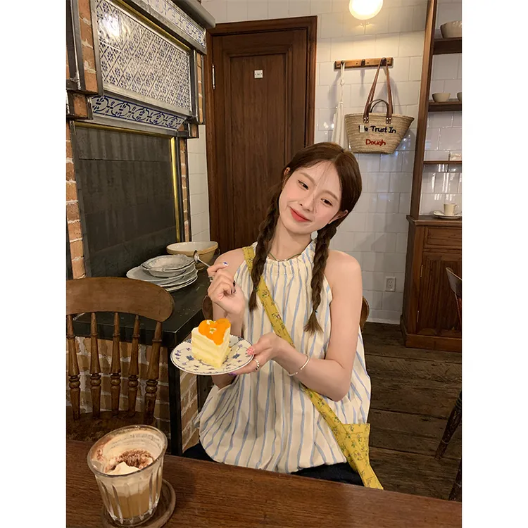 3180 RAINY甜美俏皮挂脖花苞小衫夏季女宽松条纹蝴蝶结系带上衣